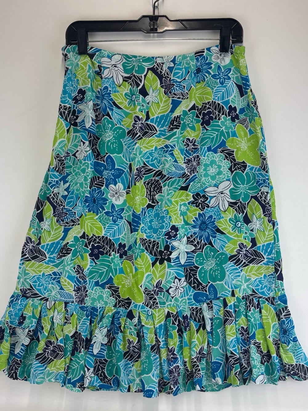 Floral Ruffle Hem Midi Skirt - Blue & Green
